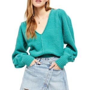 NEW Free People Reverie Emerald Aura Nubby V Neck Pullover Sweater Size Small